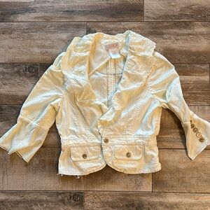 LaROK VINTAGE CROPPED RUFFLE EMBROIDERED DETAILED KNIT BUTTON SLEEVE JACKET